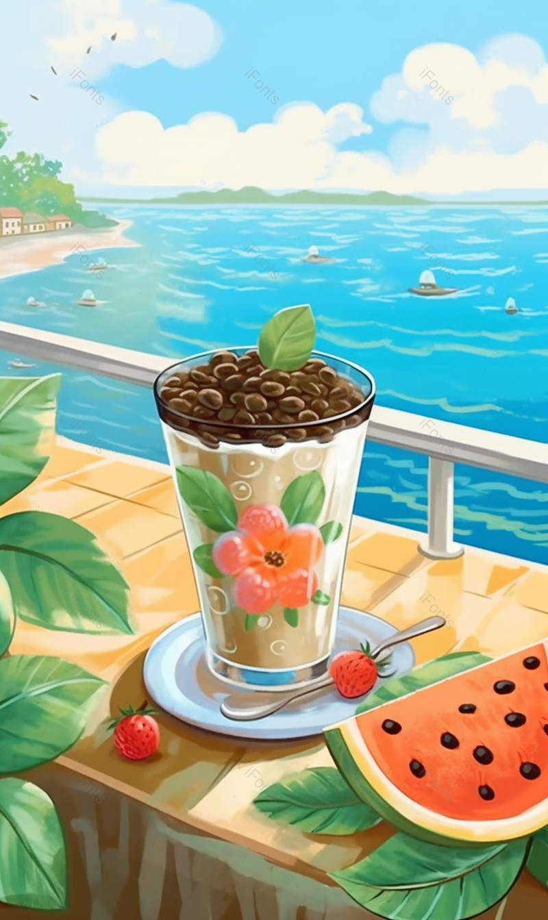 蓝色夏季海边观景饮品下午茶西瓜插画背景,插画/手绘图,插画/手绘图库,插画/手绘图下载,插画/手绘